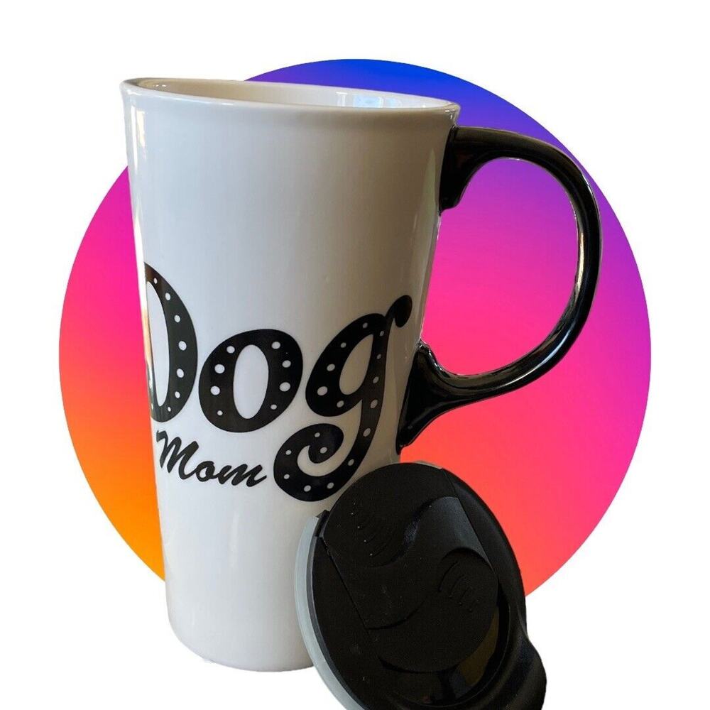 Cypress Home Dog Mom Ceramic Travel Tall Coffee Mug White & Black 16 ounces NEW